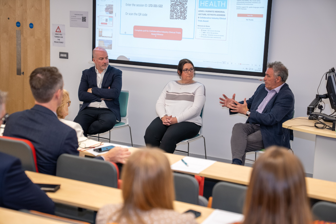 Guest Speakers Hon Dr Matt Rowland, Dr Rhonda Campbell, Prof Liam Heaney at Q and A on future of clinical research in NI