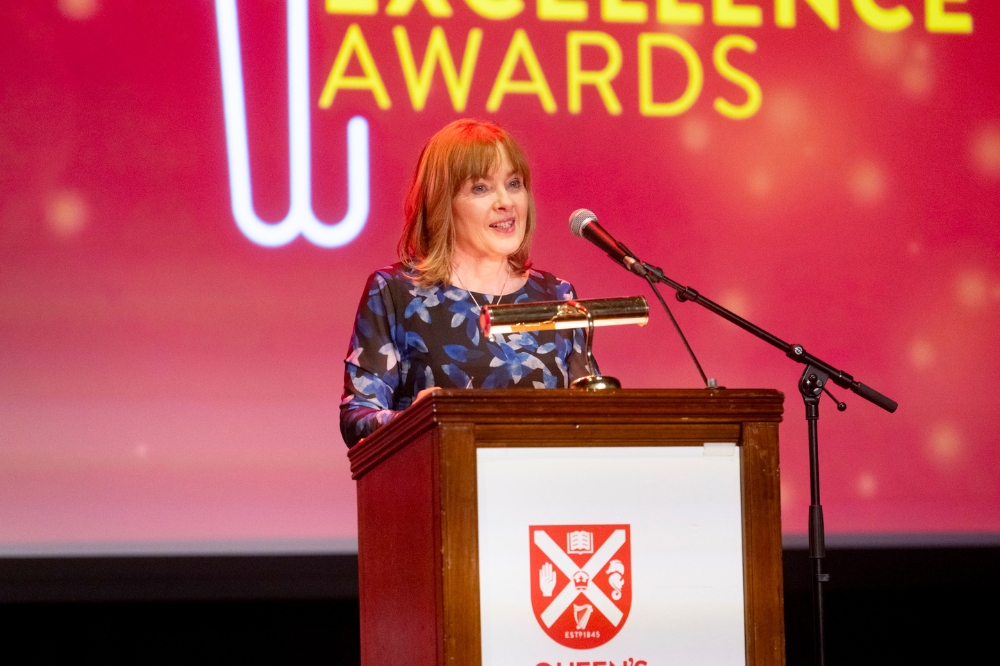 Chair of the Staff Excellence Awards, Mairead Regan addresses QUB staff
