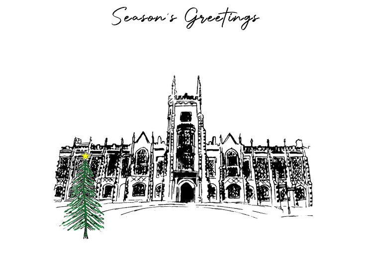 Season's Greetings QUB Lanyon Building with Christmas tree infront
