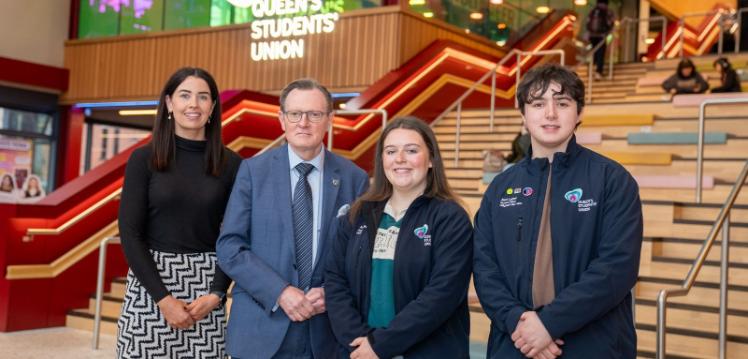 Image shows VC, staff member and two SU Officers pictured in One Elmwood