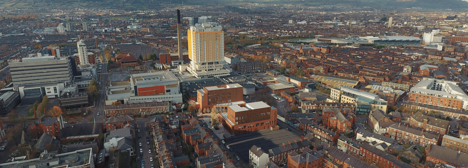 Aerial view of iReach building beside the City Hospital in Belfast