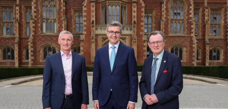 Standing in front of Queen's Lanyon building. (L-R) Paddy Anderson, Vice-President and Chief Finance and Resources Officer,Queen’s; Brendan Mooney, CEO, Kainos; and Professor Sir Ian Greer, President and Vice-Chancellor, Queen’s